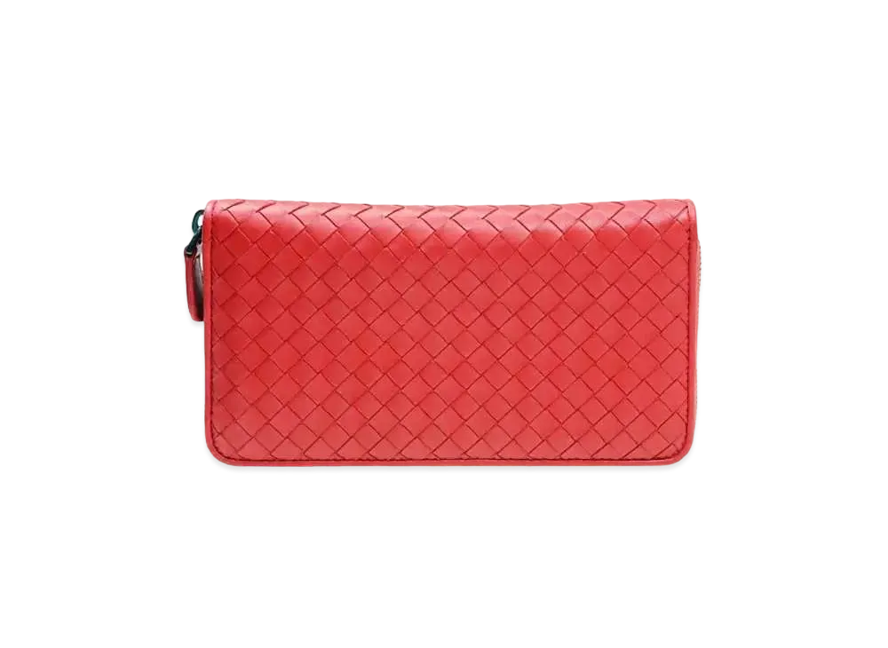 Bottega Veneta Intrecciato Lambskin Zip Around Wallet "Bright Red"