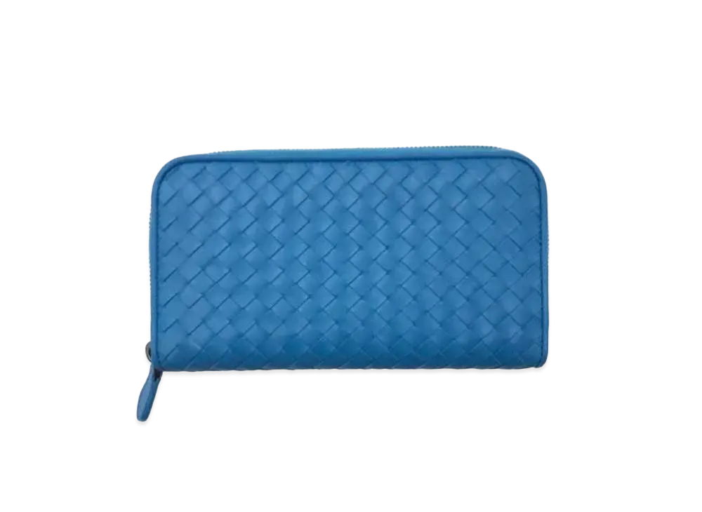 Bottega Veneta Intrecciato Lambskin Zip Around Wallet "Blue"