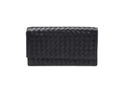 Bottega Veneta Intrecciato Calfskin Flap Long Wallet "Black"