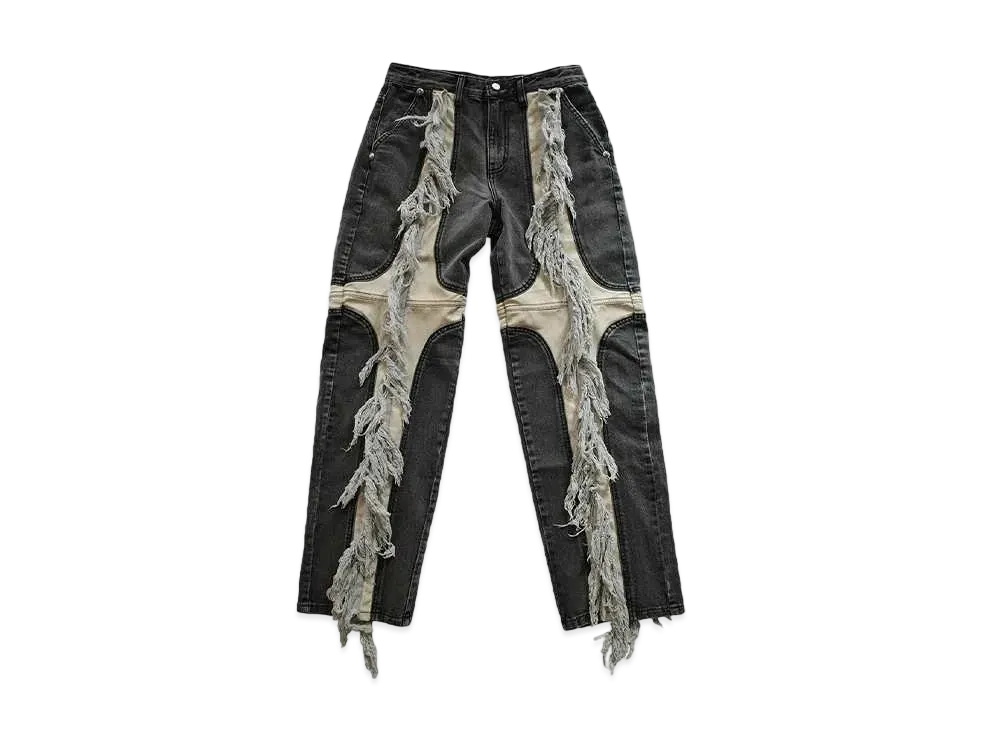 THUG CLUB Mohican Leather Denim Pants "BLACK / IVORY"