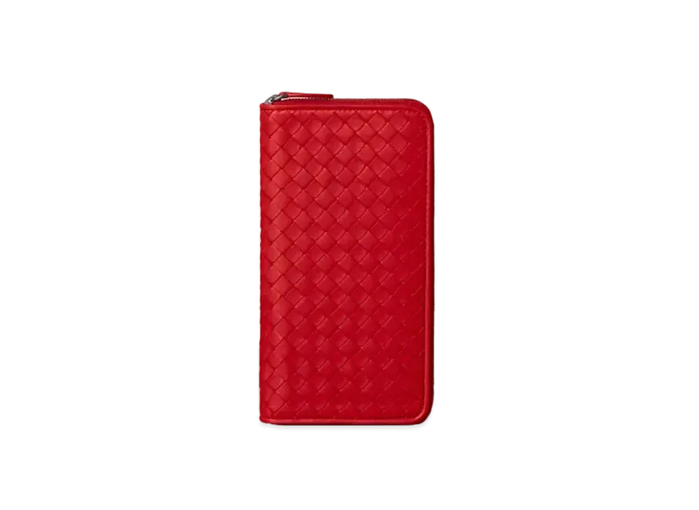 Bottega Veneta Intrecciato Lambskin Zip Around Wallet "Bright Red"