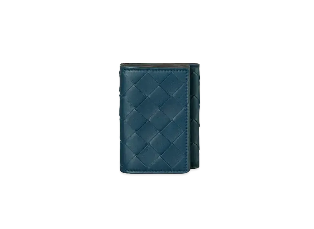 Bottega Veneta Intrecciato Calfskin Trifold Compact Wallet "Deep Blue"