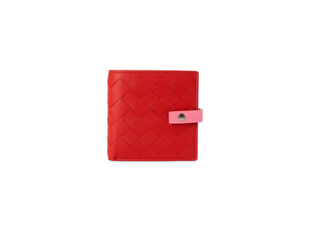 Bottega Veneta Intrecciato Lambskin Calfskin Bi-fold Compact Wallet "Bright Red/Rosa"