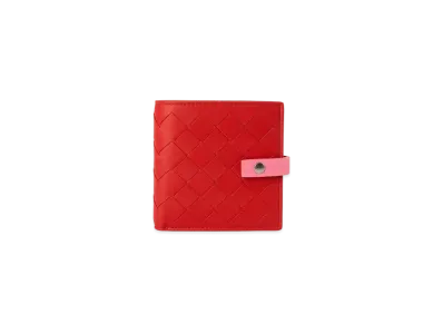 Bottega Veneta Intrecciato Lambskin Calfskin Bi-fold Compact Wallet "Bright Red/Rosa"