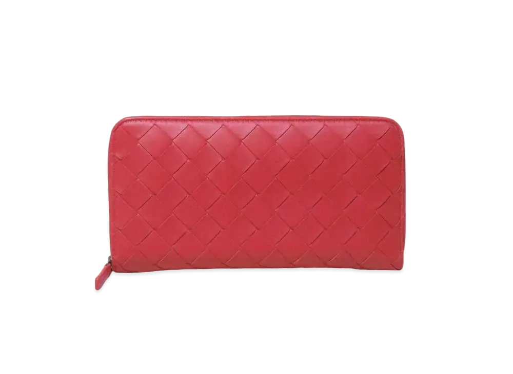 Bottega Veneta Intrecciato Lambskin Calfskin Zip Around Wallet "Bright Red/Rosa"