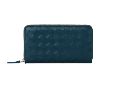 Bottega Veneta Intrecciato Lambskin Calfskin Zip Around Wallet "Deep Blue"