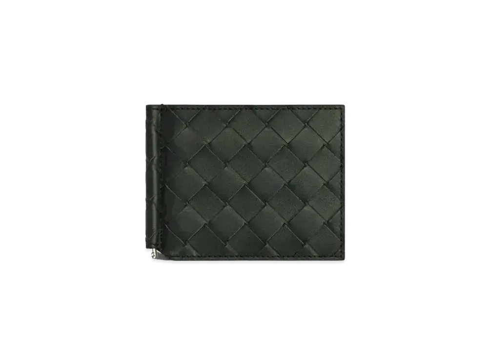 Bottega Veneta Intrecciato Calfskin Bi-fold Wallet With Money Clip "Dark Green"