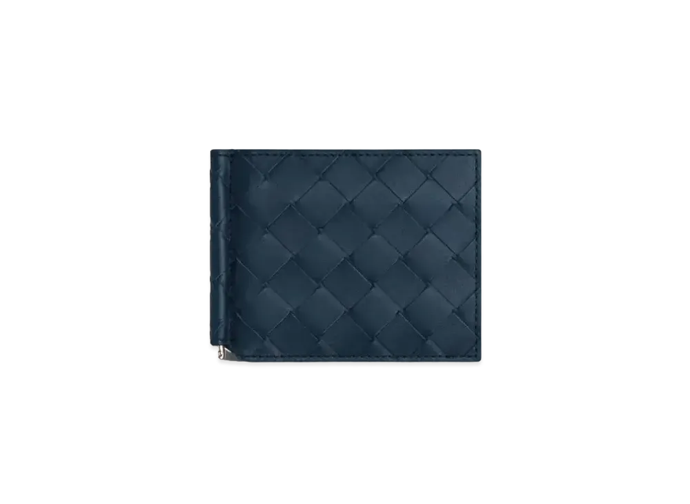 Bottega Veneta Intrecciato Calfskin Bi-fold Wallet With Money Clip "Deep Blue"