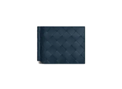 Bottega Veneta Intrecciato Calfskin Bi-fold Wallet With Money Clip "Deep Blue"