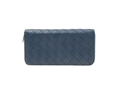 Bottega Veneta Intrecciato Lambskin Calfskin Zip Around Wallet "Deep Blue"