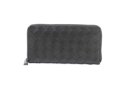 Bottega Veneta Intrecciato Calfskin Zip Around Wallet "Black/Blue"