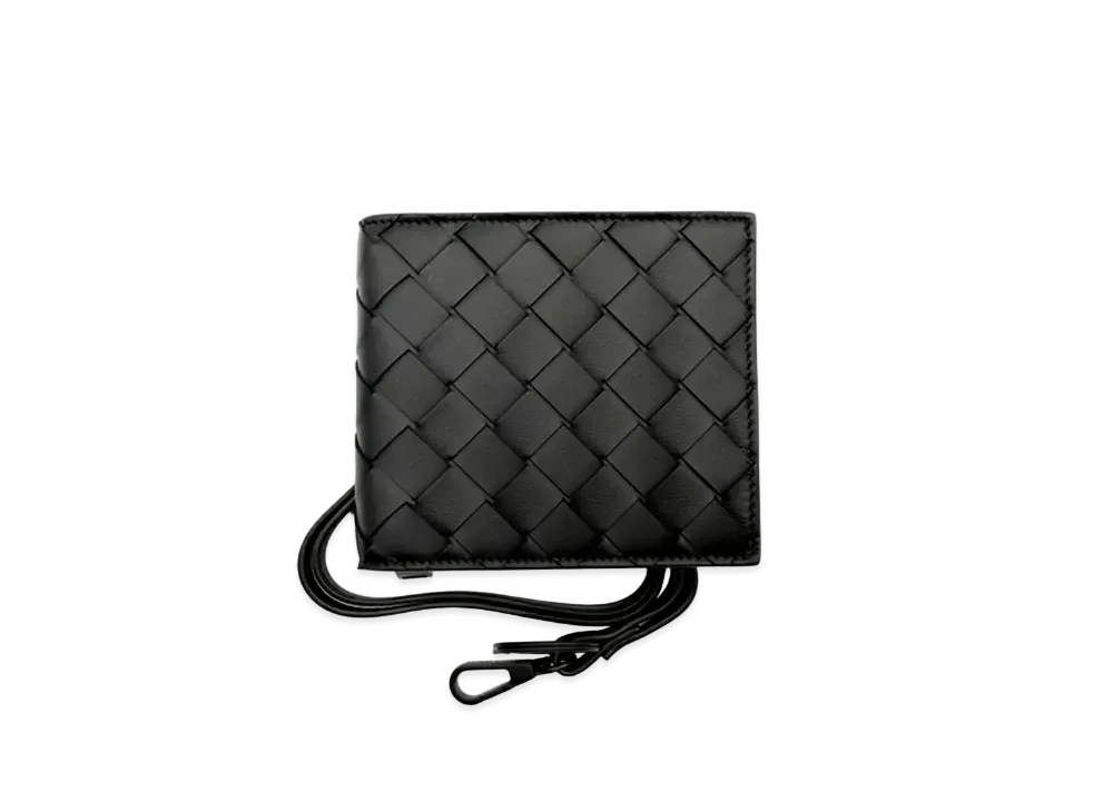 Bottega Veneta Intrecciato Calfskin Zip Around Bi-fold Wallet With Strap "Black"