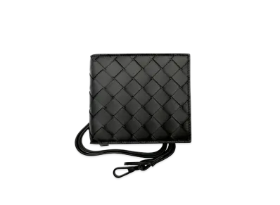 Bottega Veneta Intrecciato Calfskin Zip Around Bi-fold Wallet With Strap "Black"