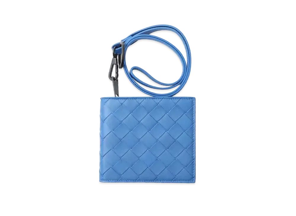 Bottega Veneta Intrecciato Calfskin Zip Around Bi-fold Wallet With Strap "Blue"