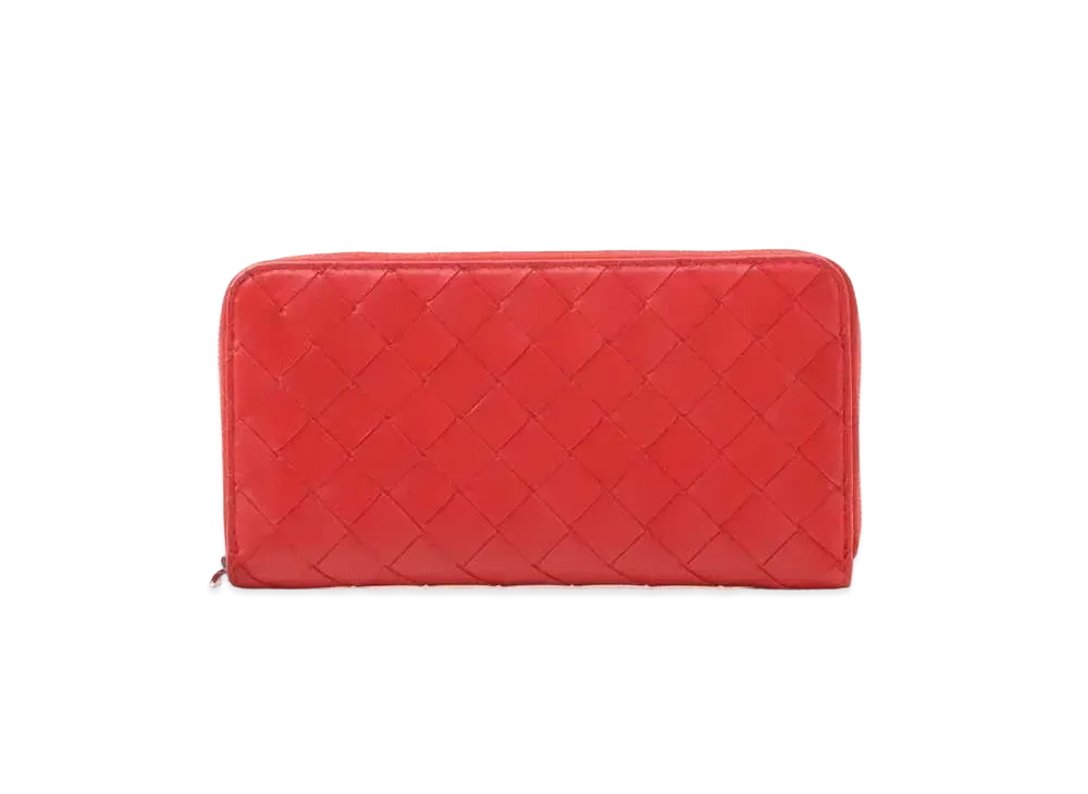 Bottega Veneta Intrecciato Lambskin Calfskin Zip Around Wallet "Bright Red"
