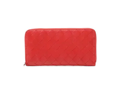 Bottega Veneta Intrecciato Lambskin Calfskin Zip Around Wallet "Bright Red"