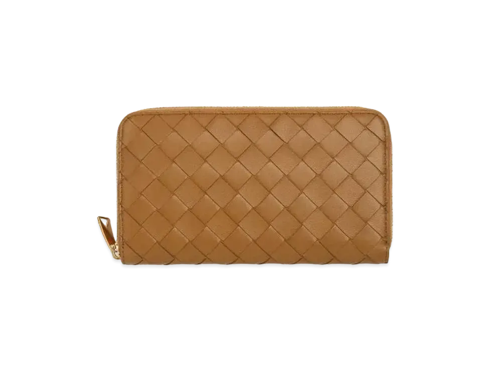 Bottega Veneta Intrecciato Lambskin Calfskin Zip Around Wallet "Caramel"