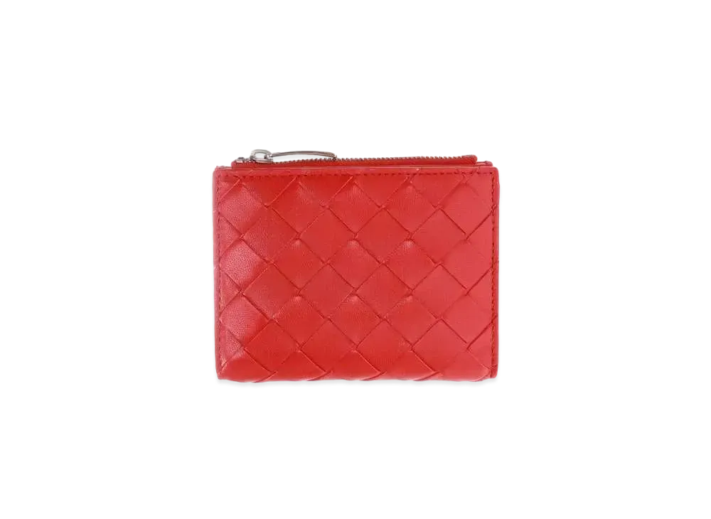 Bottega Veneta Intrecciato Lambskin Calfskin Short Bi-fold Zipper Wallet "Bright Red"