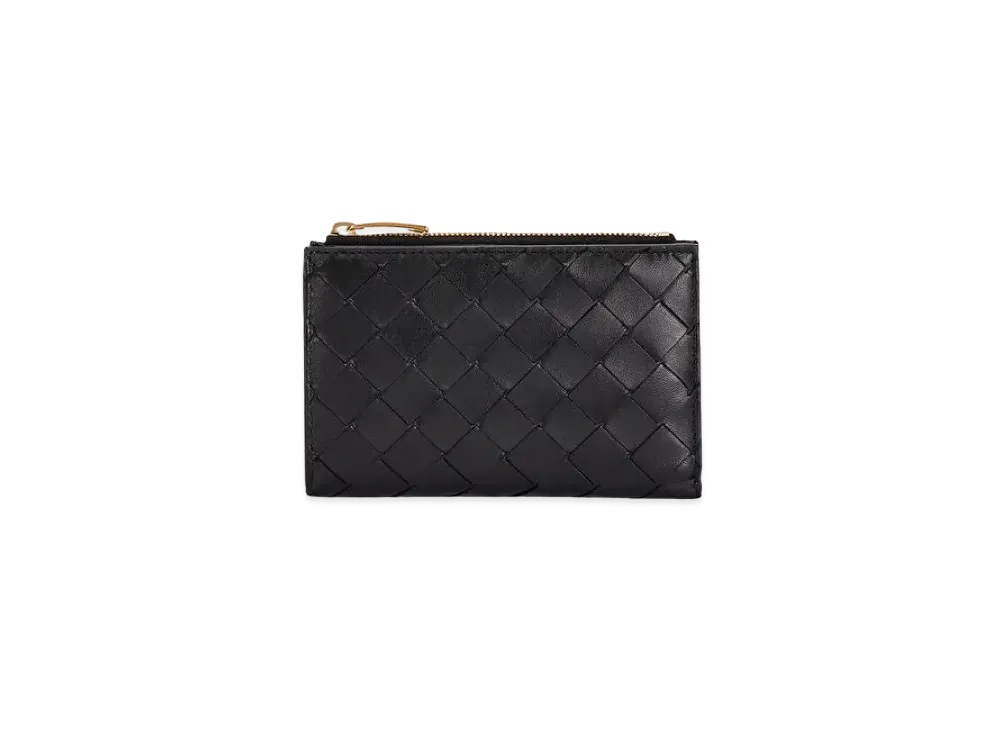 Bottega Veneta Intrecciato Lambskin Calfskin Short Bi-fold Zipper Wallet "Black"