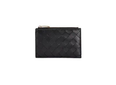 Bottega Veneta Intrecciato Lambskin Calfskin Short Bi-fold Zipper Wallet "Black"