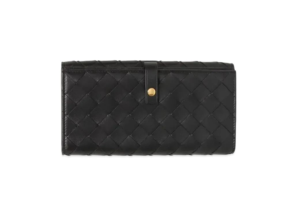 Bottega Veneta Intrecciato Lambskin Calfskin Button Bi-fold Wallet "Black"