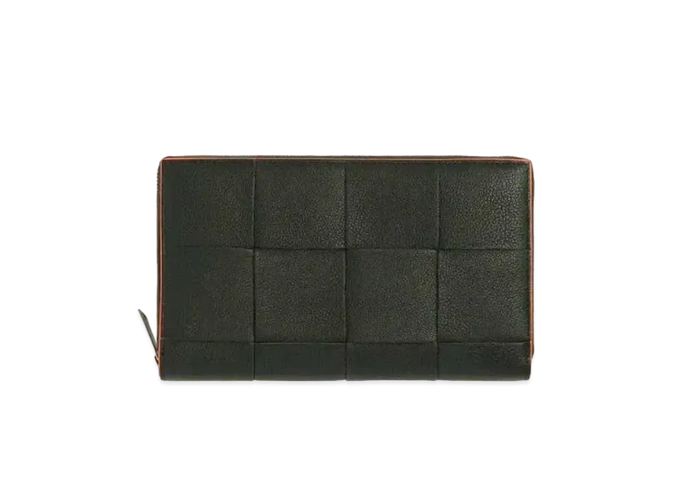 Bottega Veneta Casette Maxi Intrecciato Calfskin Bi-fold Zip Around Wallet "Dark Green/Orange"