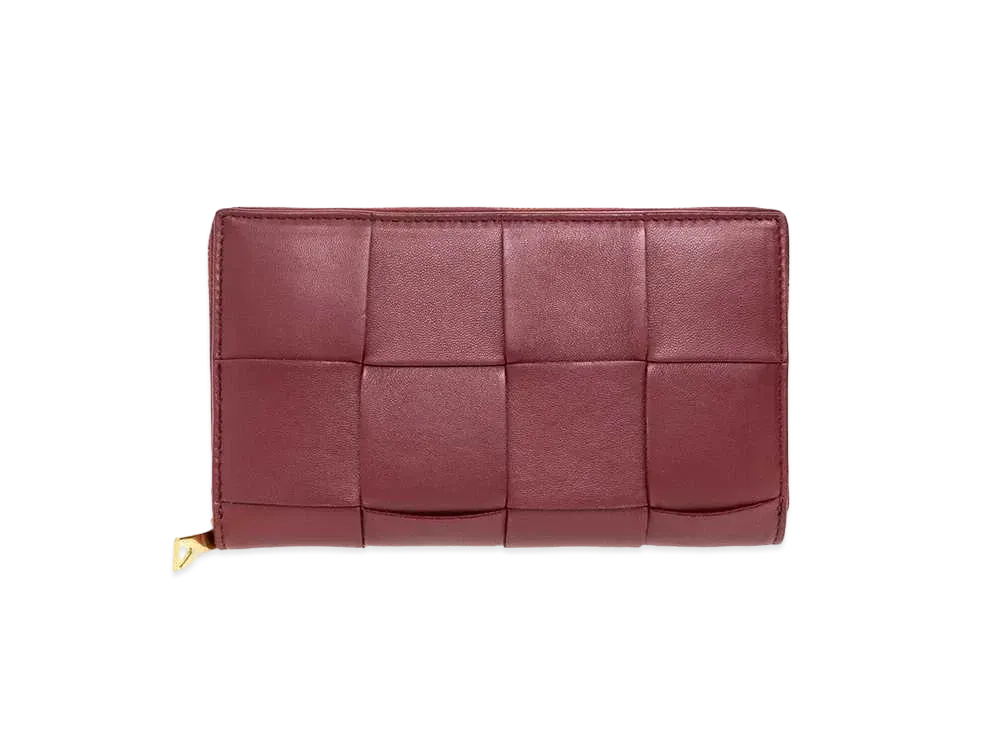 Bottega Veneta Casette Maxi Intrecciato Lambskin Calfskin Bi-fold Zip Around Wallet "Bordeaux"