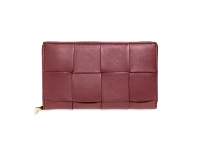 Bottega Veneta Casette Maxi Intrecciato Lambskin Calfskin Bi-fold Zip Around Wallet "Bordeaux"