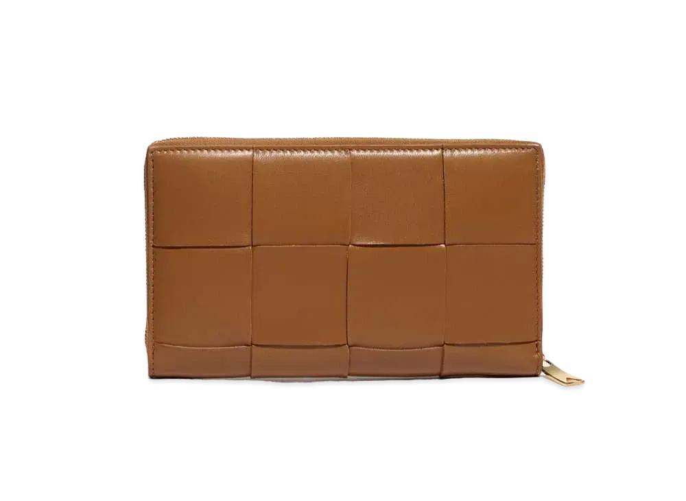 Bottega Veneta Casette Maxi Intrecciato Lambskin Calfskin Bi-fold Zip Around Wallet "Camel"