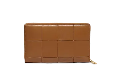 Bottega Veneta Casette Maxi Intrecciato Lambskin Calfskin Bi-fold Zip Around Wallet "Camel"
