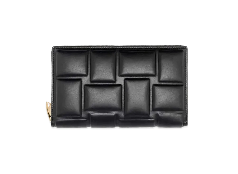 Bottega Veneta Casette Maxi Intrecciato Lambskin Calfskin Bi-fold Zip Around Wallet "Black"