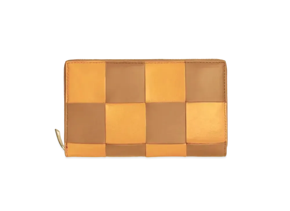 Bottega Veneta Casette Maxi Intrecciato Lambskin Calfskin Bi-fold Zip Around Wallet "Cob/Camel"