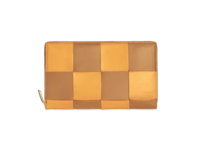 Bottega Veneta Casette Maxi Intrecciato Lambskin Calfskin Bi-fold Zip Around Wallet "Cob/Camel"