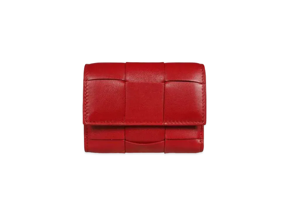 Bottega Veneta Casette Maxi Intrecciato Lambskin Calfskin Zip Trifold Wallet "Dark Red"