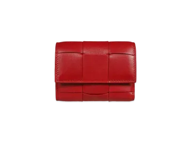 Bottega Veneta Casette Maxi Intrecciato Lambskin Calfskin Zip Trifold Wallet "Dark Red"