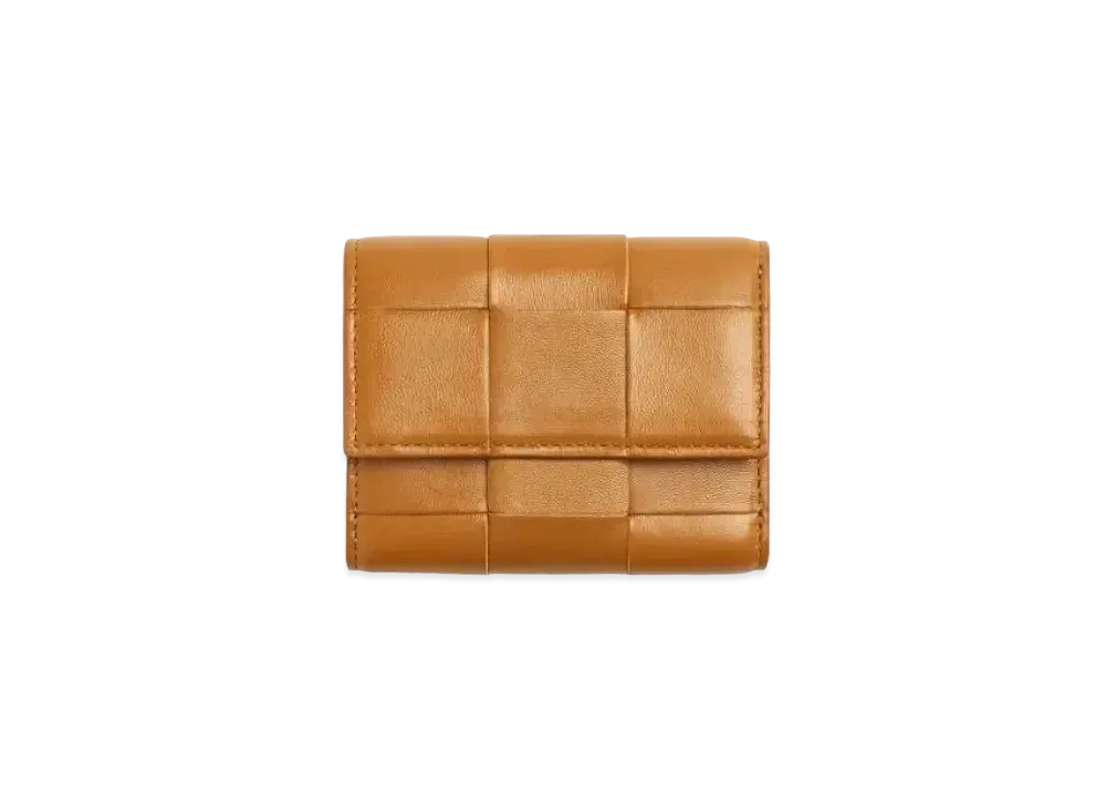 Bottega Veneta Casette Maxi Intrecciato Lambski Zip Trifold Wallet "Camel"