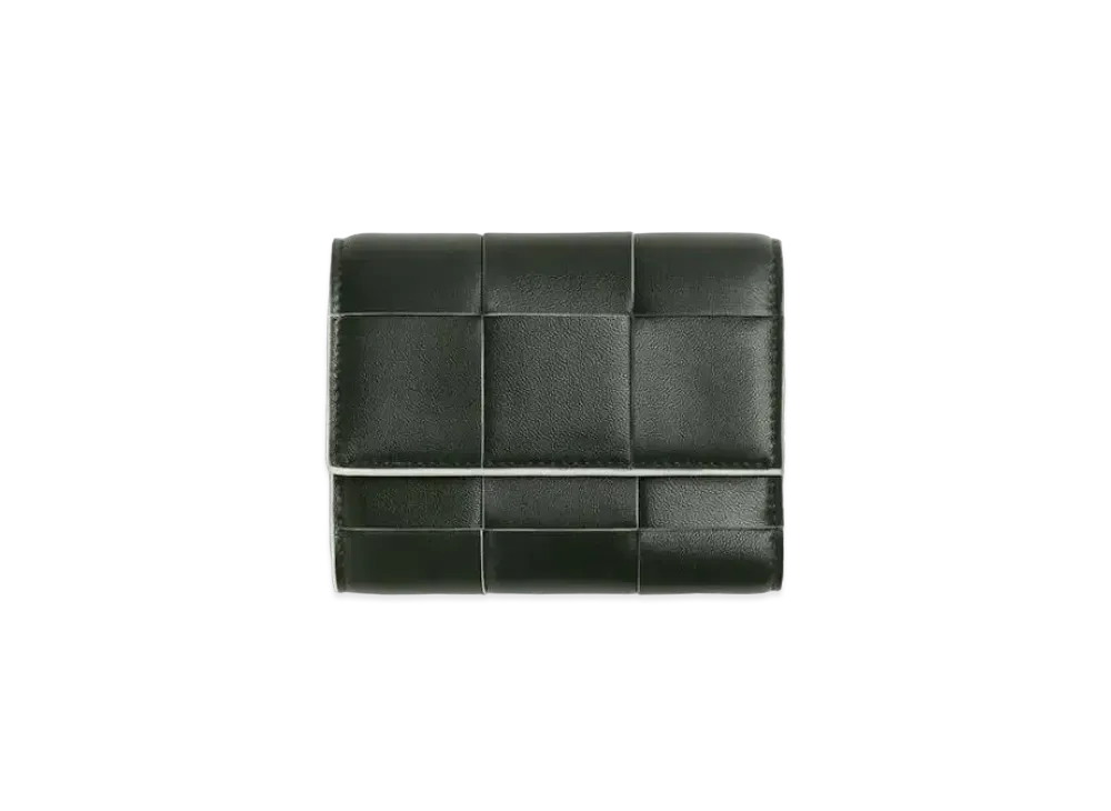Bottega Veneta Casette Maxi Intrecciato Calfskin Zip Trifold Wallet "Darkgreen/White"