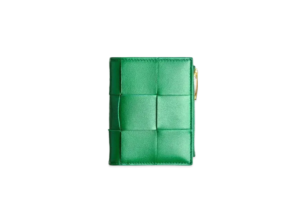 Bottega Veneta Casette Maxi Intrecciato Lambskin Calfskin Small Zip Bi-fold Wallet "Racing Green"