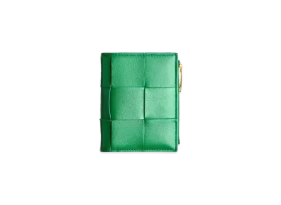Bottega Veneta Casette Maxi Intrecciato Lambskin Calfskin Small Zip Bi-fold Wallet "Racing Green"