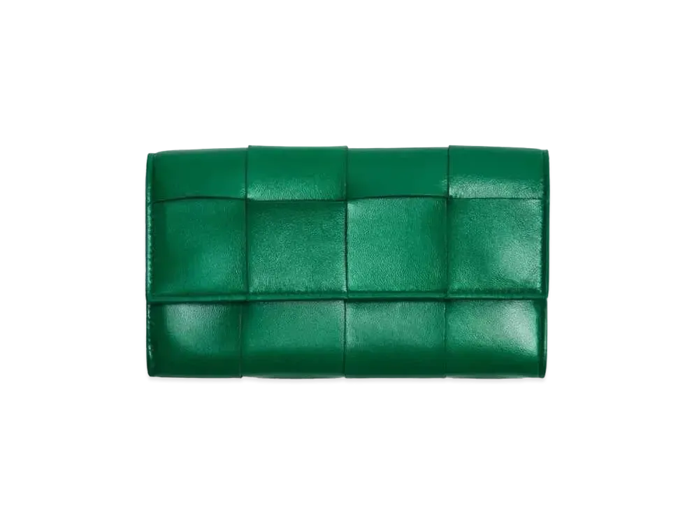 Bottega Veneta Casette Maxi Intrecciato Lambskin Calfskin Flap Zip Wallet "Racing Green"