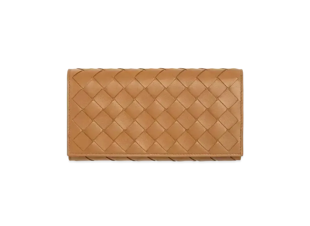 Bottega Veneta Intrecciato Lambskin Calfskin Flap Long Wallet "Caramel"