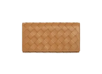 Bottega Veneta Intrecciato Lambskin Calfskin Flap Long Wallet "Caramel"