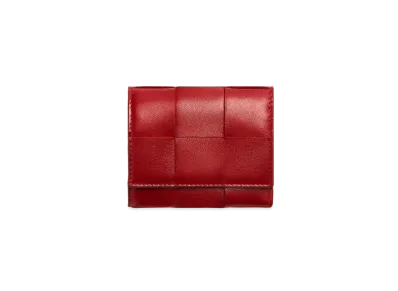 Bottega Veneta Casette Maxi Intrecciato Lambskin Calfskin Zip Trifold MIni Wallet "Dark Red"