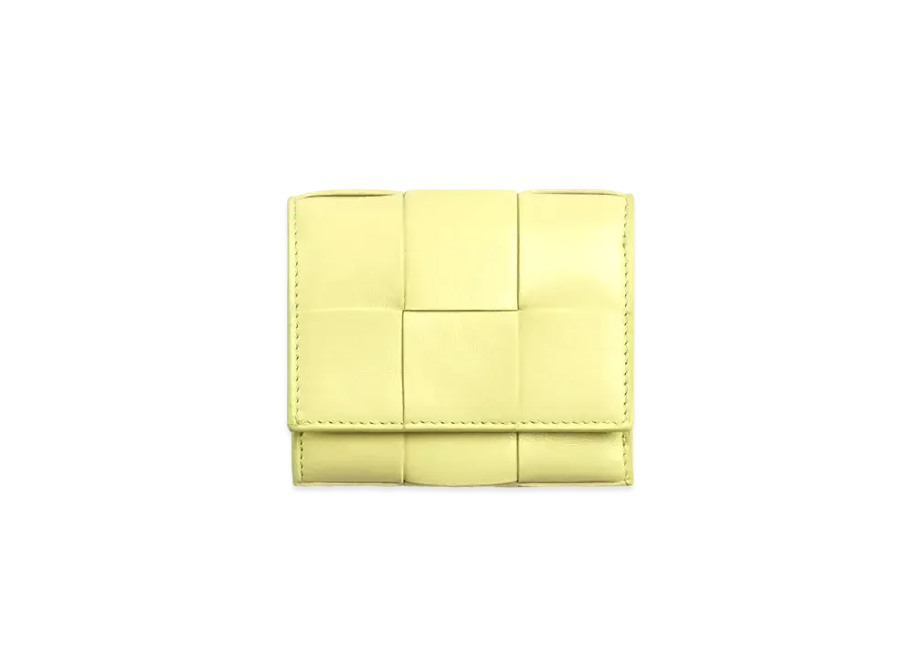 Bottega Veneta Casette Maxi Intrecciato Lambskin Calfskin Zip Trifold MIni Wallet "Lemon Washed"