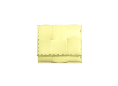 Bottega Veneta Casette Maxi Intrecciato Lambskin Calfskin Zip Trifold MIni Wallet "Lemon Washed"
