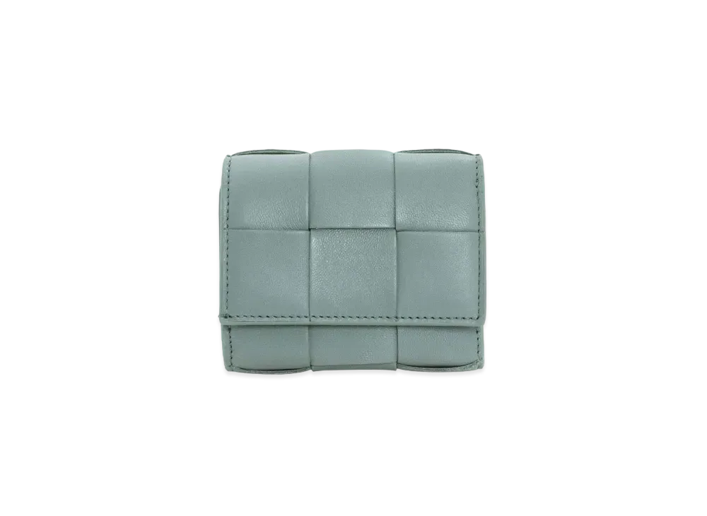 Bottega Veneta Casette Maxi Intrecciato Lambskin Calfskin Zip Trifold MIni Wallet "Sage Green"