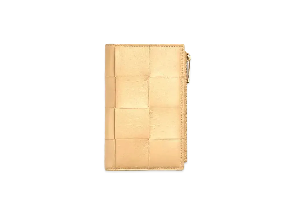 Bottega Veneta Casette Maxi Intrecciato Lambskin Medium Bi-fold Zip Wallet "Porridge"