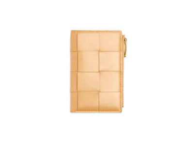 Bottega Veneta Casette Maxi Intrecciato Lambskin Calfskin Medium Bi-fold Zip Wallet "Almond"