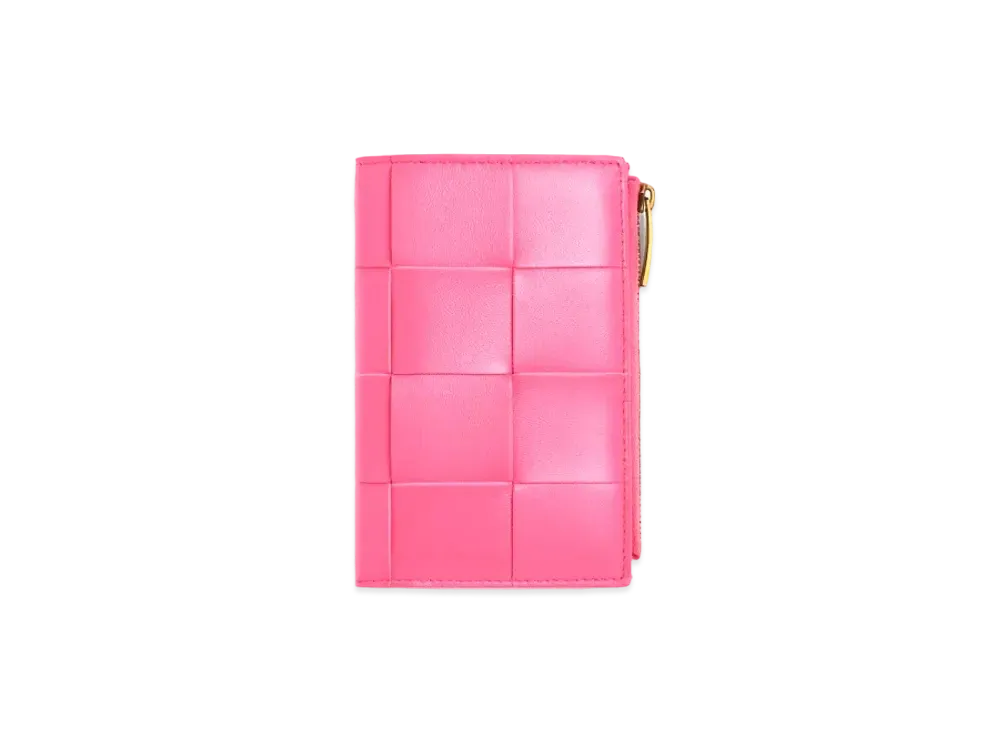 Bottega Veneta Casette Maxi Intrecciato Lambskin Medium Bi-fold Zip Wallet "Milk Sheke"