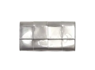 Bottega Veneta Casette Maxi Intrecciato Calfskin Flap Long Wallet "Silver"